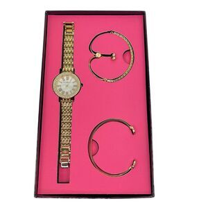 Isaac Mizrahi Live! Women’s Gold Tone Watch With Rhinestones & Two Bracelets